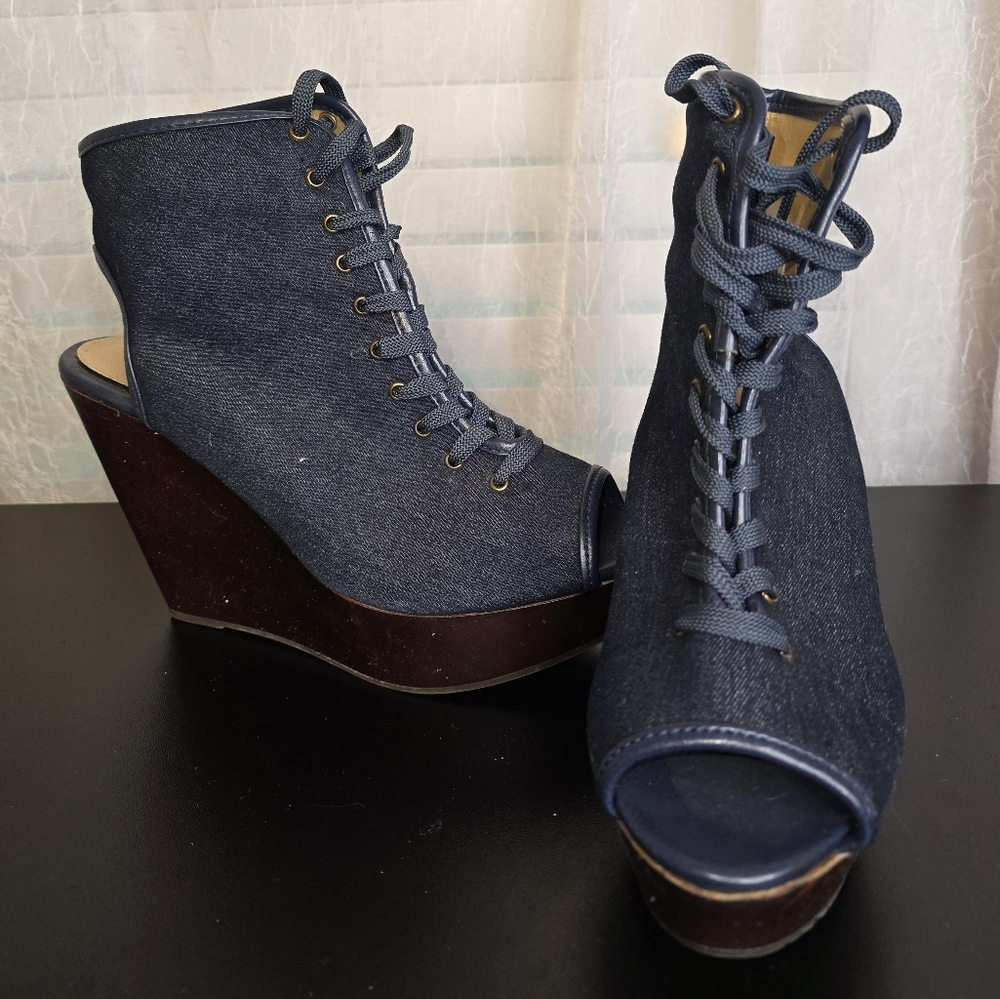 Women’s Bumper Open Toes Wedge Ankle Booties Lace Up blue Jean size 9